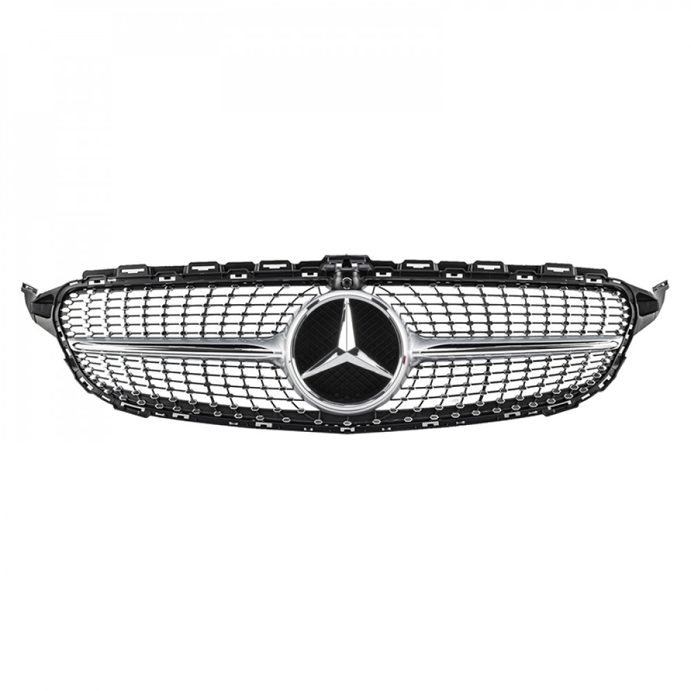Решітка радіатора для Mercedes C-Class W205 (2014-2018) у стилі Diamond під камеру 360 (Black Chrome)