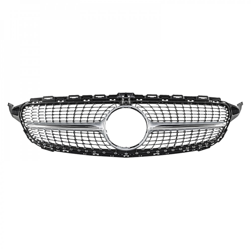 Решітка радіатора для Mercedes C-Class W205 (2014-2018) у стилі Diamond під камеру 360 (Black Chrome)