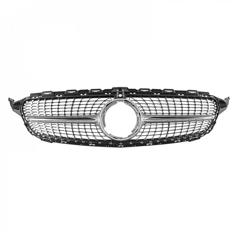 Решетка радиатора для Mercedes C-Class W205 (2018-2021) в стиле Diamond под камеру 360 (Silver Chrome)