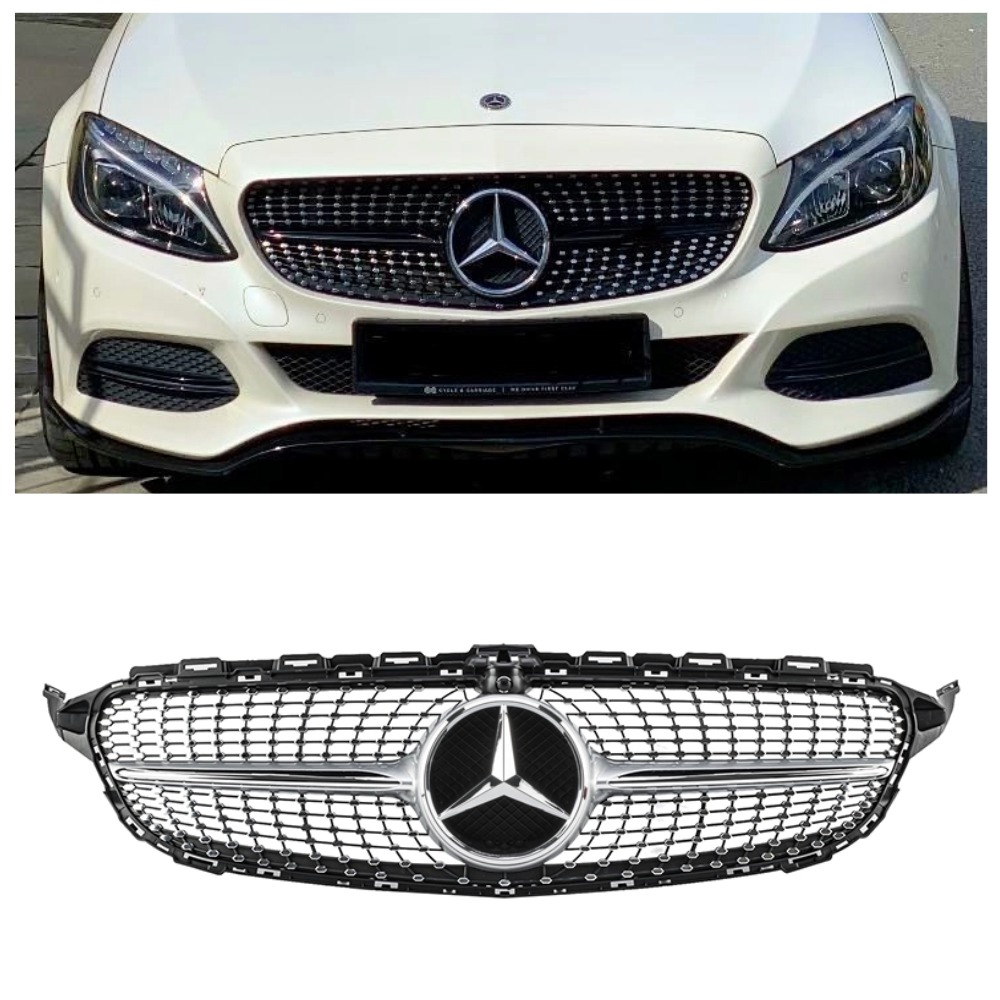 Решітка радіатора для Mercedes C-Class W205 (2014-2018) у стилі Diamond під камеру 360 (Black Chrome)