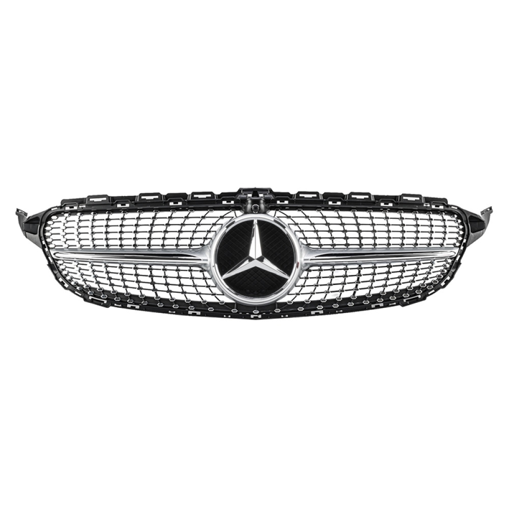 Решітка радіатора для Mercedes C-Class W205 (2014-2018) у стилі Diamond під камеру 360 (Black Chrome)