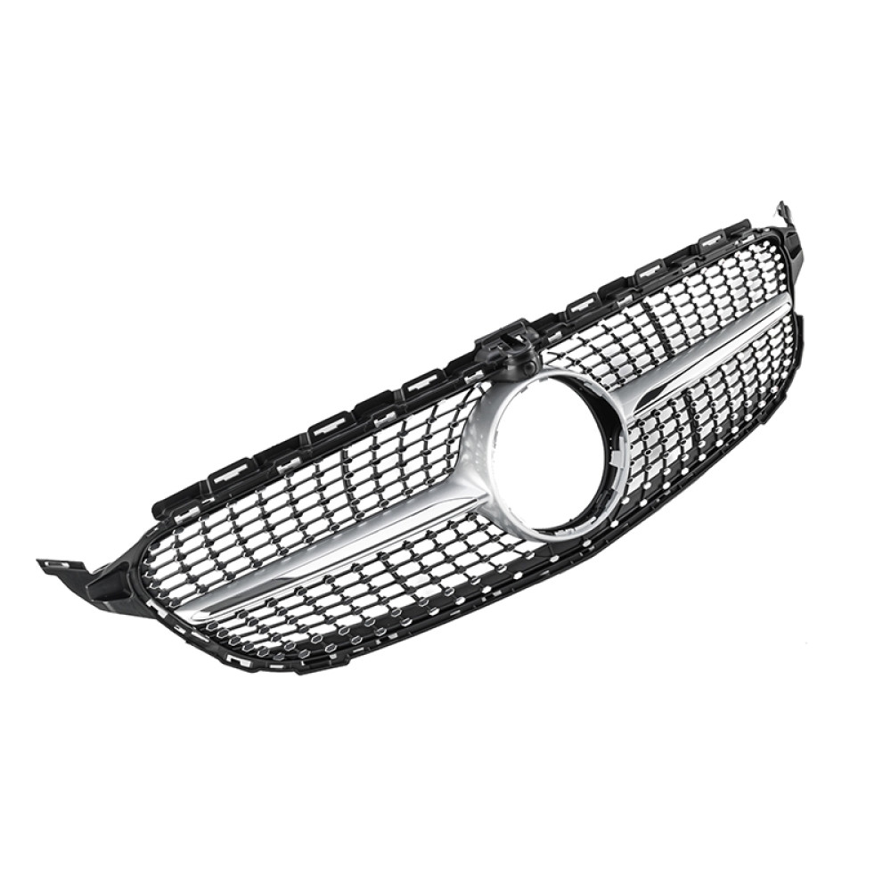 Решітка радіатора для Mercedes C-Class W205 (2014-2018) у стилі Diamond під камеру 360 (Black Chrome)