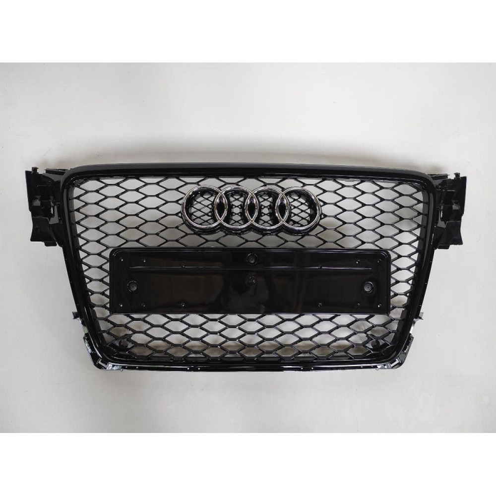 Решетка радиатора Audi A4 B8 (2008-2011) дорест в стиле RS4 (Черный глянец) под кольца