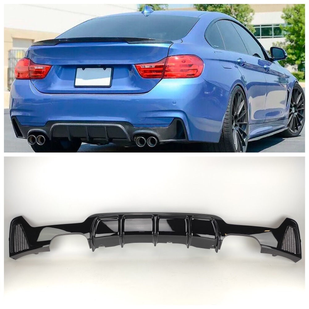 Диффузор (накладка) Заднего M-Technic бампера BMW F32/F33/F36 М-Performance раздвоенный выхлоп с обеих сторон Черный глянец